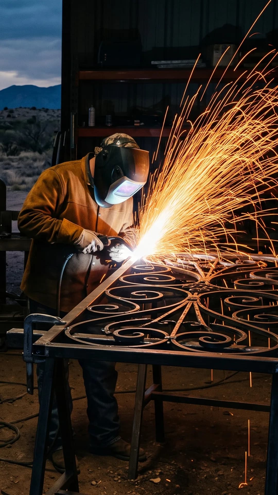 Welder in the shop welding an ornamental iron gate at dusk, shower of orange sparks, desert mountains behind