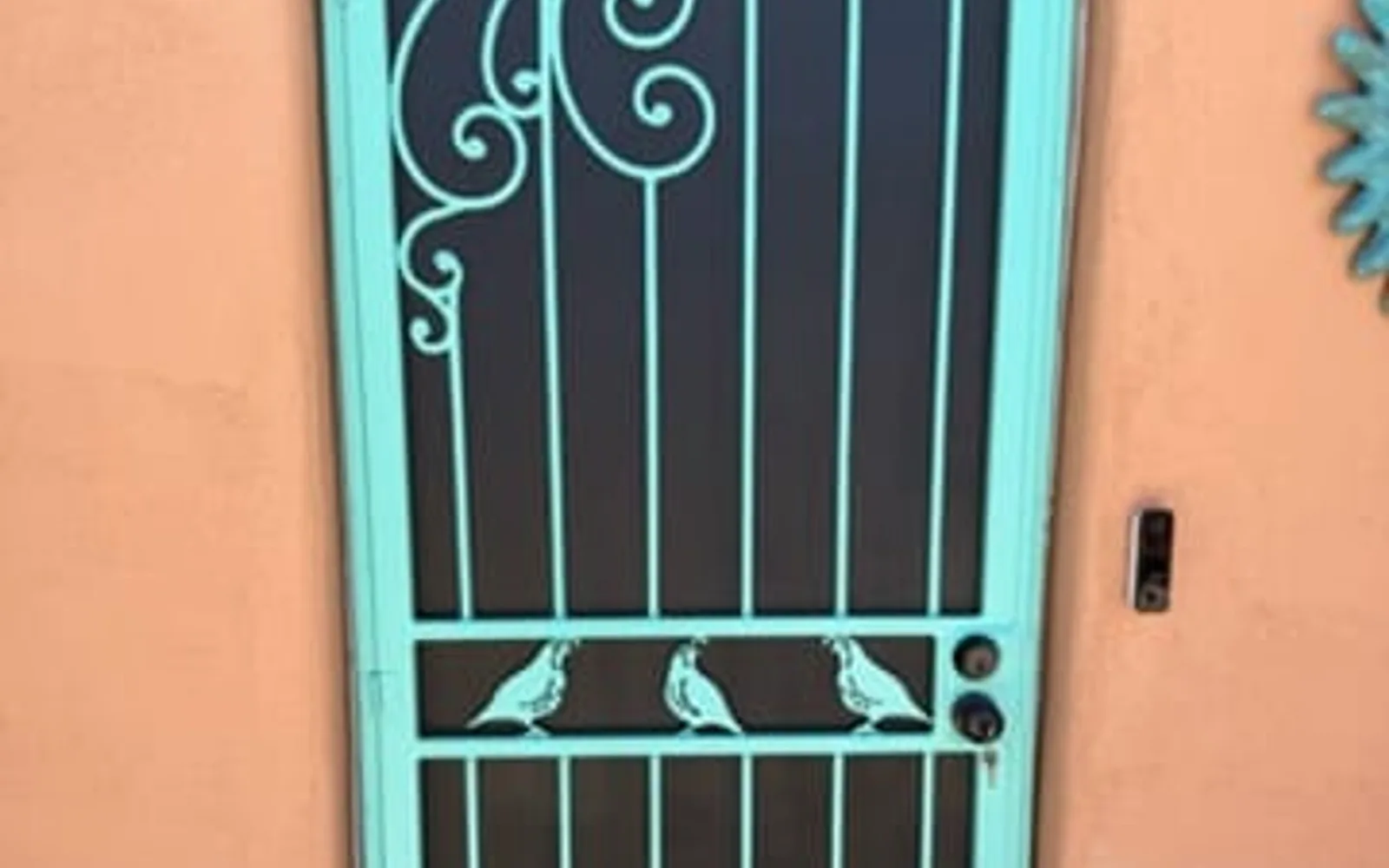 Custom turquoise iron security door with scrollwork, Las Cruces